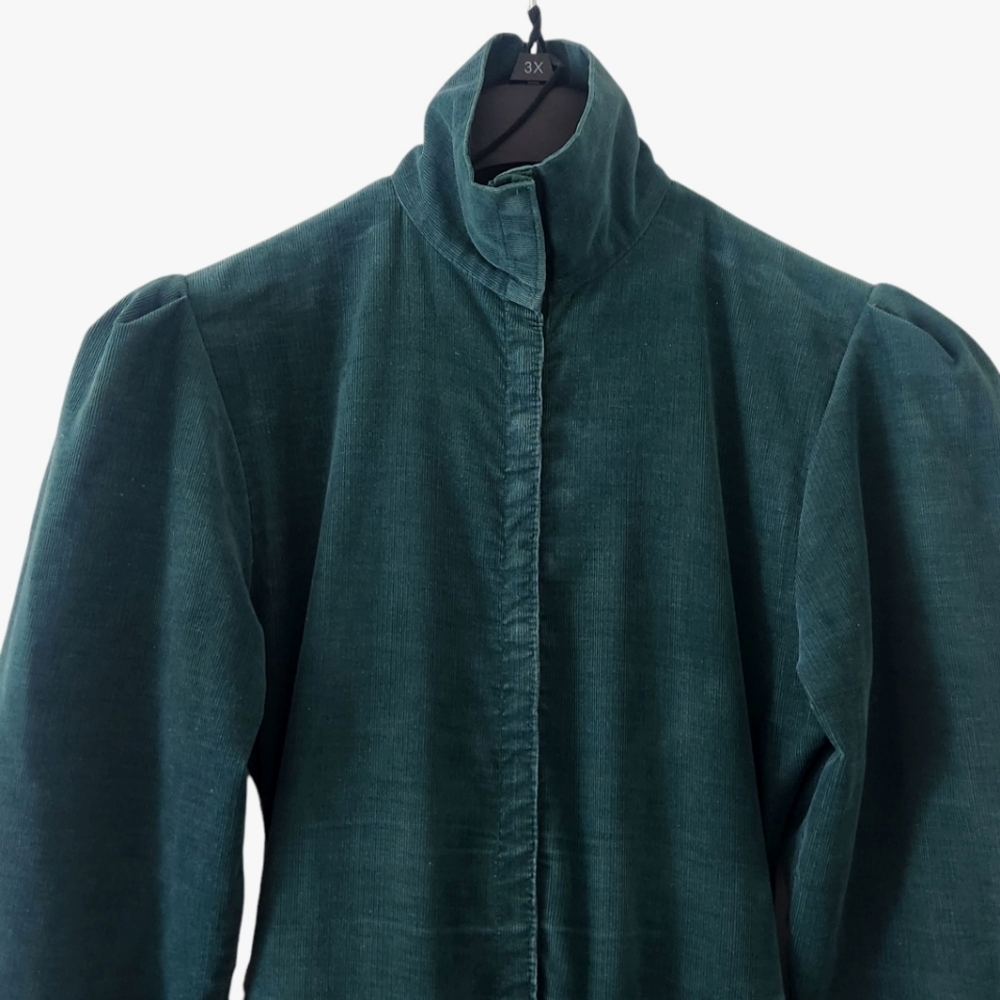 80's Norma Kamali Drop Waist Puff Sleeve Green Corduroy Button Down Dress Small - Picture 7 of 12